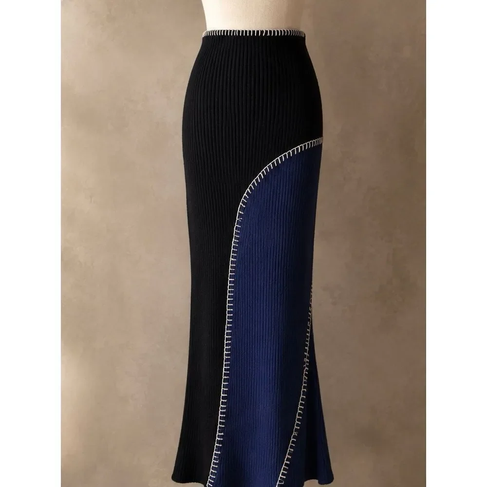 Another Girl Size L Ribbed Knit Midi Skirt midi Black Blue Colorblock Contrast S